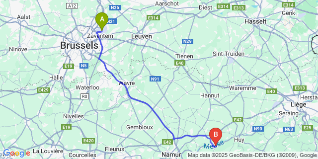 Map: Brussels Zaventem Airport (BRU) to Andenelle
