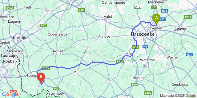 Map: Brussels Zaventem Airport (BRU) to Antoing
