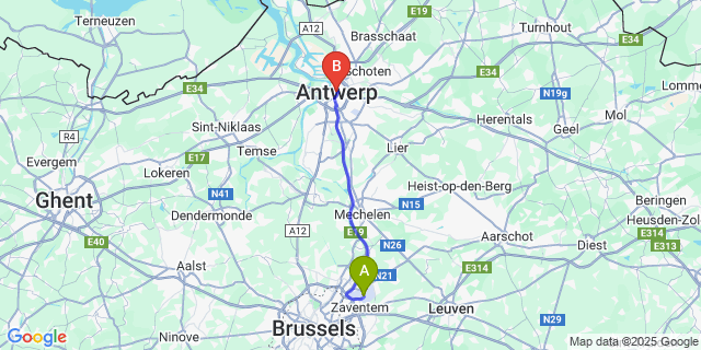 Map: Brussels Zaventem Airport (BRU) to Antwerp