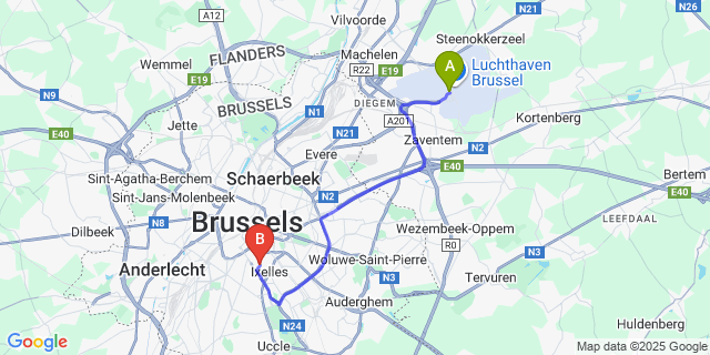 Map: Brussels Zaventem Airport (BRU) to Aparthotel AXL Flathotel Continental Stay, Brussels