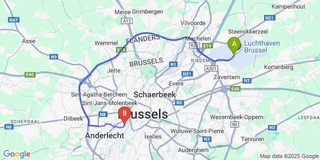 Map: Brussels Zaventem Airport (BRU) to Appart’City Confort Bruxelles Centre gare du midi, Brussels