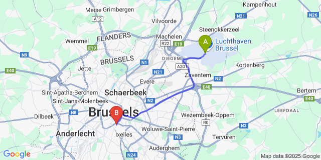 Map: Brussels Zaventem Airport (BRU) to Aqua Hotel Bruxelles by HappyCulture, Brussels