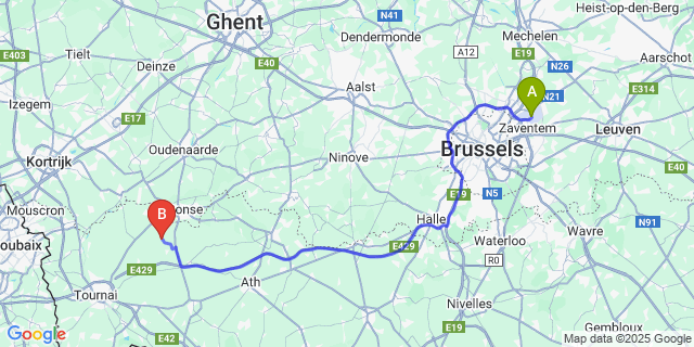 Map: Brussels Zaventem Airport (BRU) to Arc-Ainieres