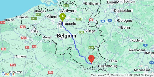 Map: Brussels Zaventem Airport (BRU) to Arlon