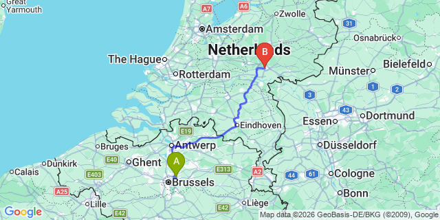 Map: Brussels Zaventem Airport (BRU) to Arnhem