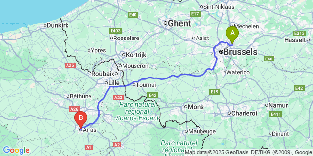 Map: Brussels Zaventem Airport (BRU) to Arras