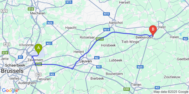 Map: Brussels Zaventem Airport (BRU) to Assent