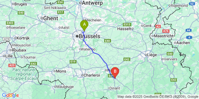 Map: Brussels Zaventem Airport (BRU) to Assesse