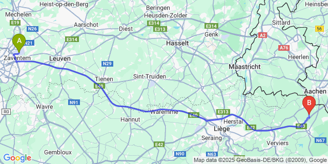 Map: Brussels Zaventem Airport (BRU) to Astenet