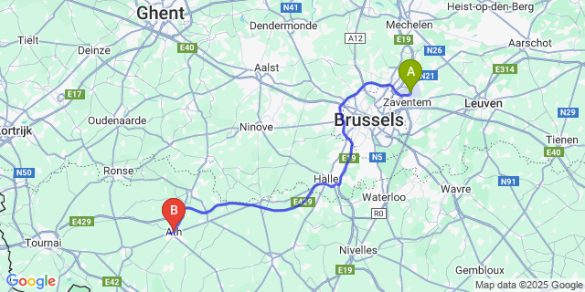 Map: Brussels Zaventem Airport (BRU) to Ath