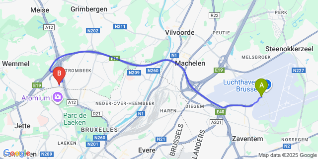 Map: Brussels Zaventem Airport (BRU) to Auberge Van Strombeek, Brussels