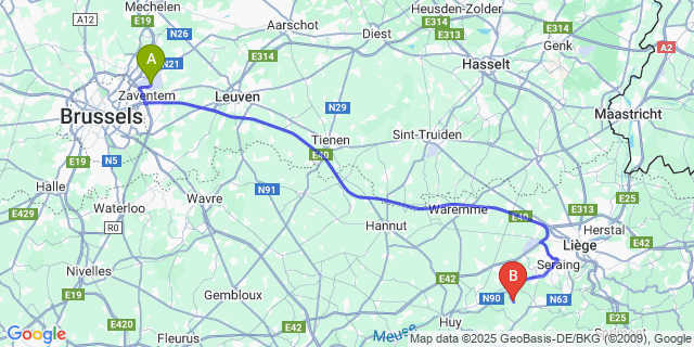 Map: Brussels Zaventem Airport (BRU) to Aux Houx