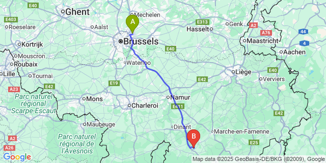 Map: Brussels Zaventem Airport (BRU) to Ave-Et-Auffe