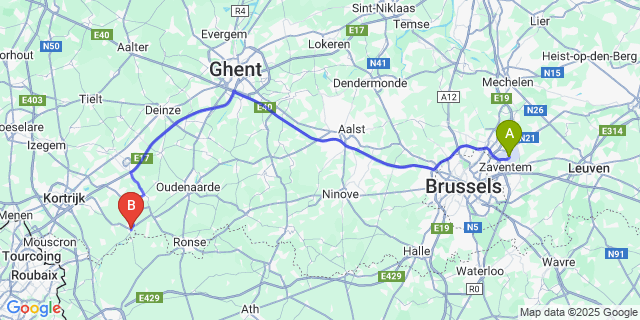 Map: Brussels Zaventem Airport (BRU) to Avelgem