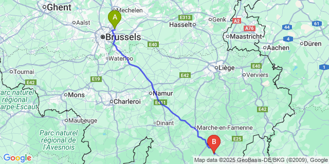 Map: Brussels Zaventem Airport (BRU) to Aviscourt