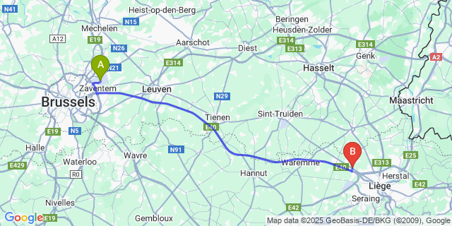Map: Brussels Zaventem Airport (BRU) to Awans