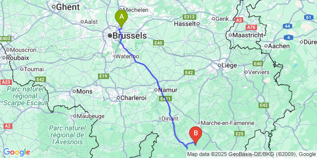 Map: Brussels Zaventem Airport (BRU) to Awenne