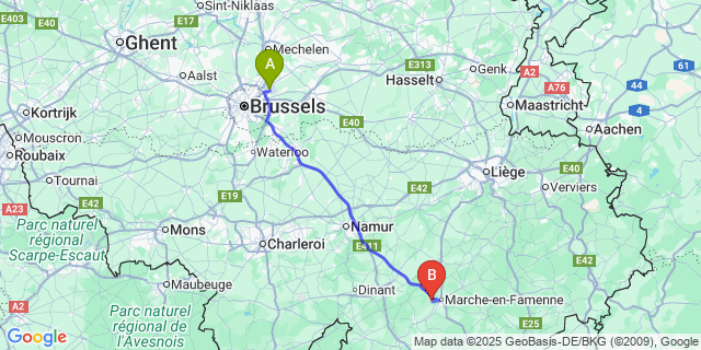 Map: Brussels Zaventem Airport (BRU) to Aye