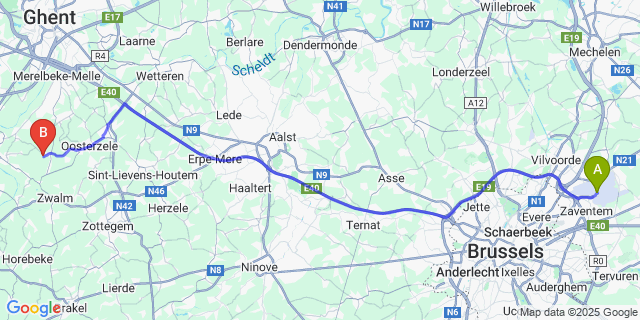 Map: Brussels Zaventem Airport (BRU) to Baaigem