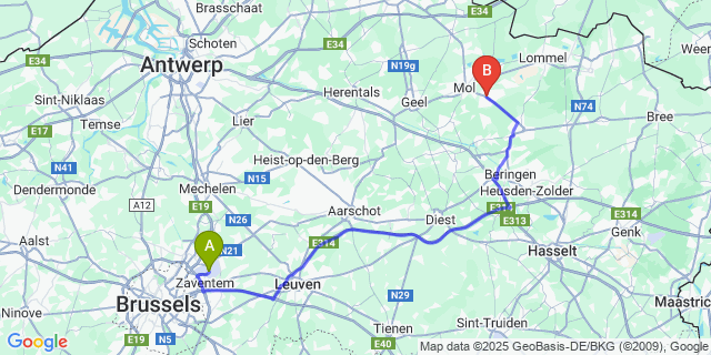 Map: Brussels Zaventem Airport (BRU) to Balen