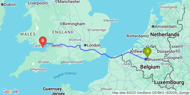 Map: Brussels Zaventem Airport (BRU) to Barry