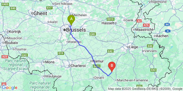 Map: Brussels Zaventem Airport (BRU) to Barvaux-Condroz