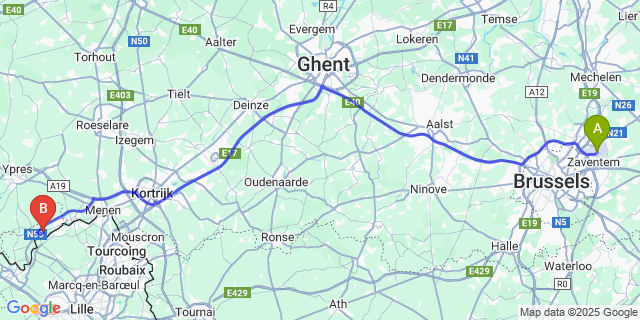 Map: Brussels Zaventem Airport (BRU) to Bas-Warneton