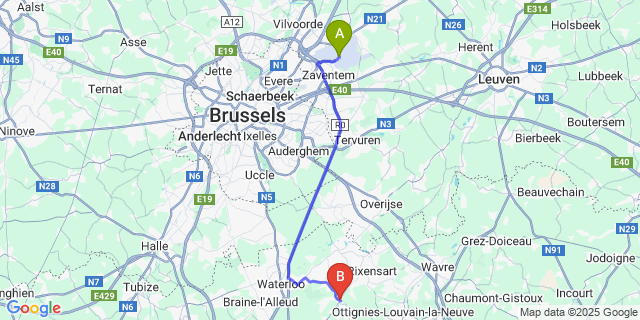 Map: Brussels Zaventem Airport (BRU) to Basse Lasne