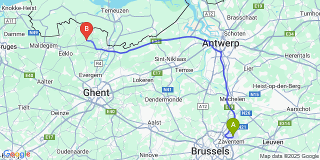 Map: Brussels Zaventem Airport (BRU) to Bassevelde