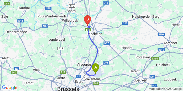 Map: Brussels Zaventem Airport (BRU) to Battel