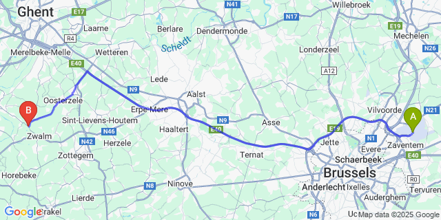 Map: Brussels Zaventem Airport (BRU) to Beerlegem