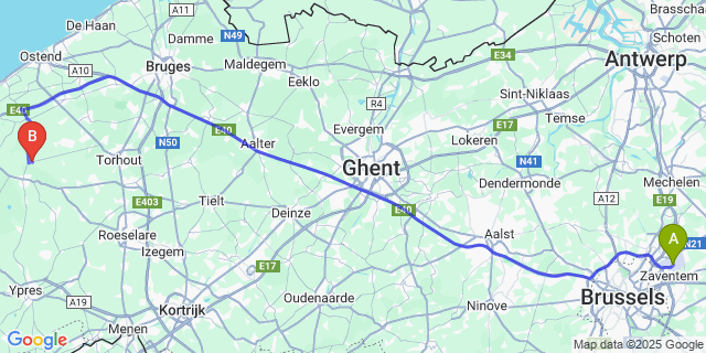 Map: Brussels Zaventem Airport (BRU) to Beerst