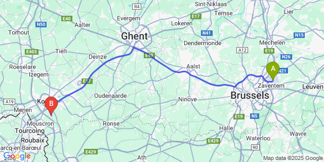 Map: Brussels Zaventem Airport (BRU) to Bellegem