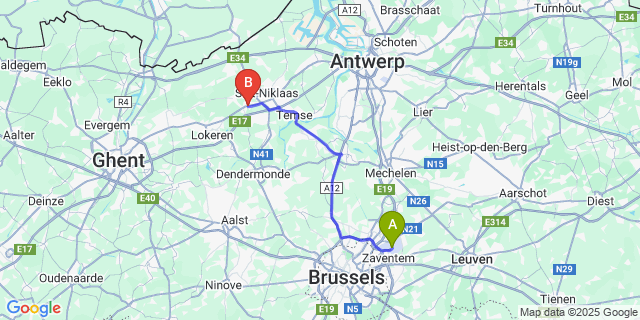 Map: Brussels Zaventem Airport (BRU) to Belsele