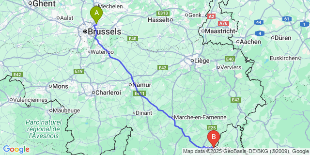Map: Brussels Zaventem Airport (BRU) to Benonchamps