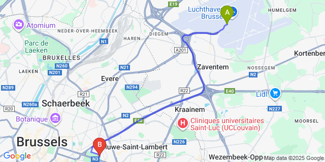 Map: Brussels Zaventem Airport (BRU) to Best Western Plus Park Hotel Brussels