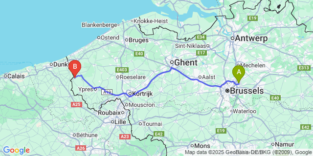 Map: Brussels Zaventem Airport (BRU) to Beveren-aan-de-IJzer