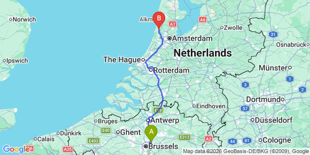 Map: Brussels Zaventem Airport (BRU) to Beverwijk