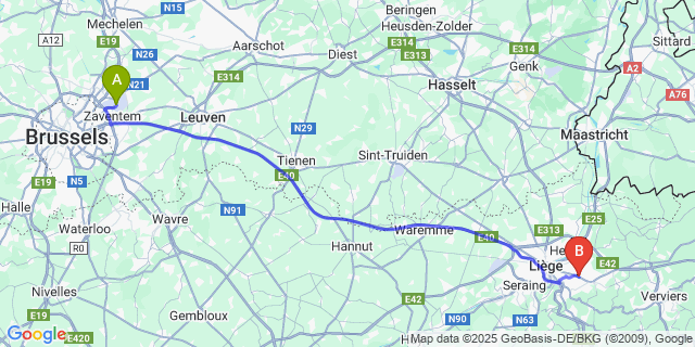 Map: Brussels Zaventem Airport (BRU) to Beyne-Heusay