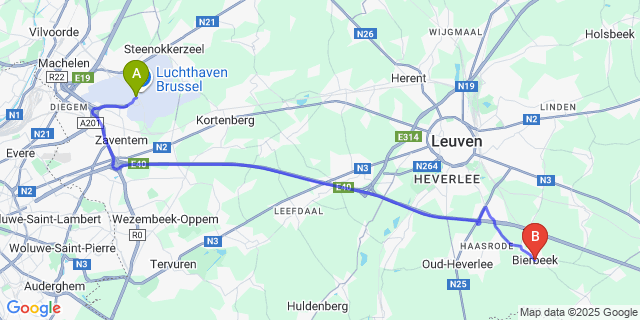 Map: Brussels Zaventem Airport (BRU) to Bierbeek