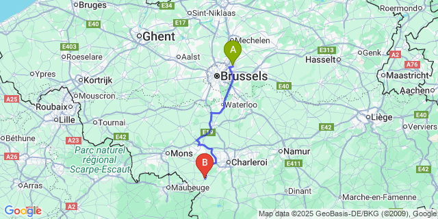 Map: Brussels Zaventem Airport (BRU) to Biercée