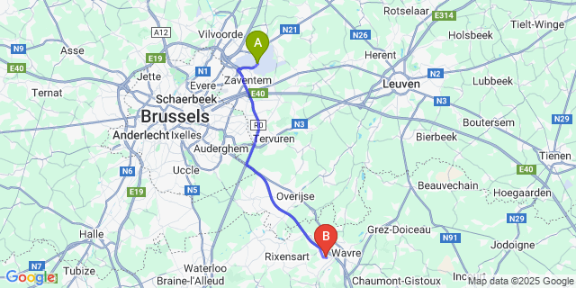 Map: Brussels Zaventem Airport (BRU) to Bierges
