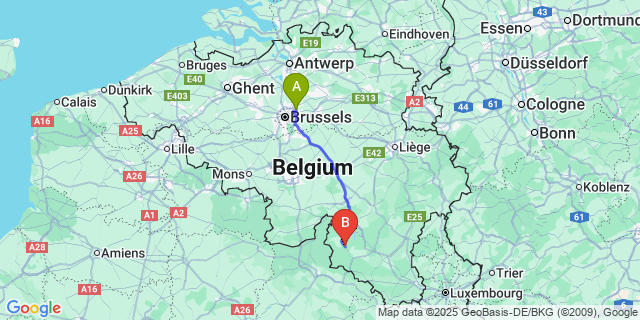 Map: Brussels Zaventem Airport (BRU) to Bièvre