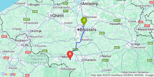 Map: Brussels Zaventem Airport (BRU) to Binche