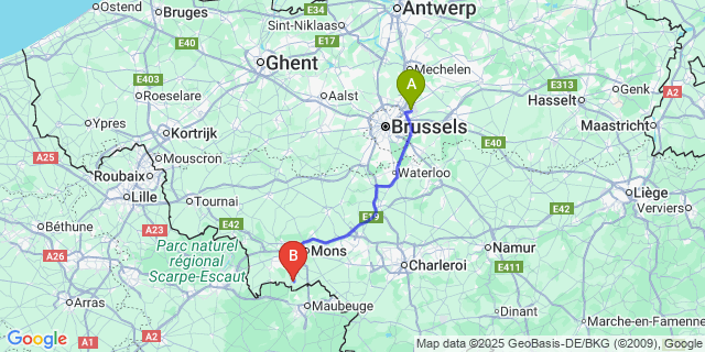 Map: Brussels Zaventem Airport (BRU) to Blaregnies