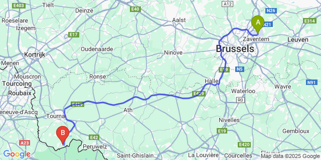 Map: Brussels Zaventem Airport (BRU) to Bléharies