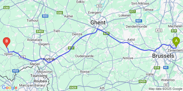 Map: Brussels Zaventem Airport (BRU) to Boezinge
