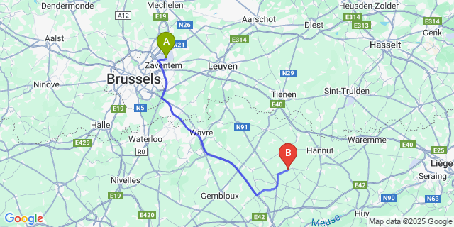 Map: Brussels Zaventem Airport (BRU) to Boneffe