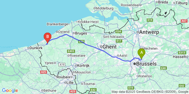 Map: Brussels Zaventem Airport (BRU) to Booitshoeke