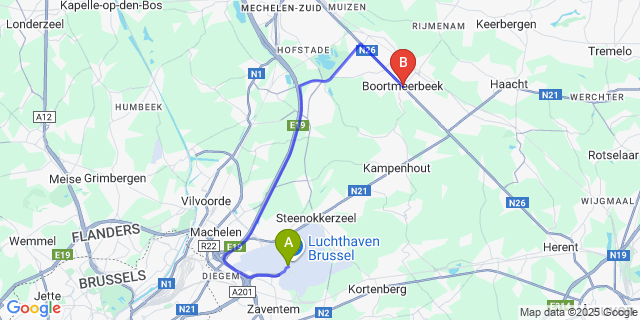 Map: Brussels Zaventem Airport (BRU) to Boortmeerbeek